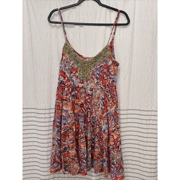 Free People Dress Womens Small Paisley Beaded Tiered Spaghetti Strap Mini Boho - Picture 2 of 7
